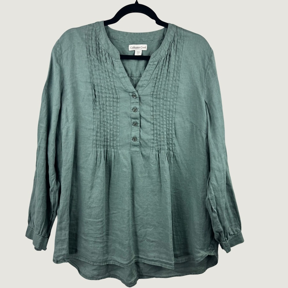 Coldwater Creek Tunic Women XL Green Linen Pintuck Pleated V-Neck Lagenlook Boho